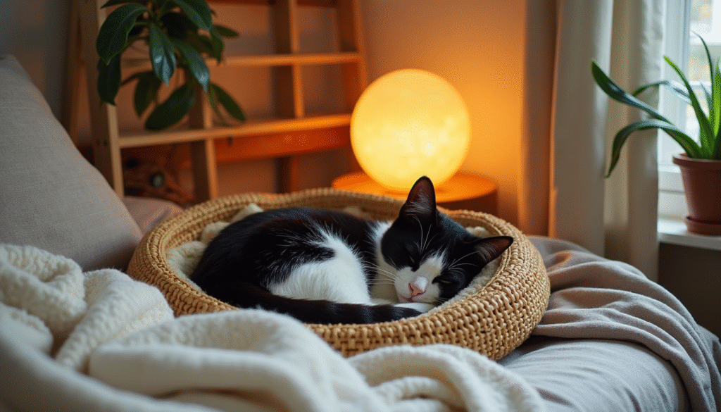 Black and white cat sleeping in a rattan bed beside a glowing salt lamp in a cozy Cat House Feng Shui corner.