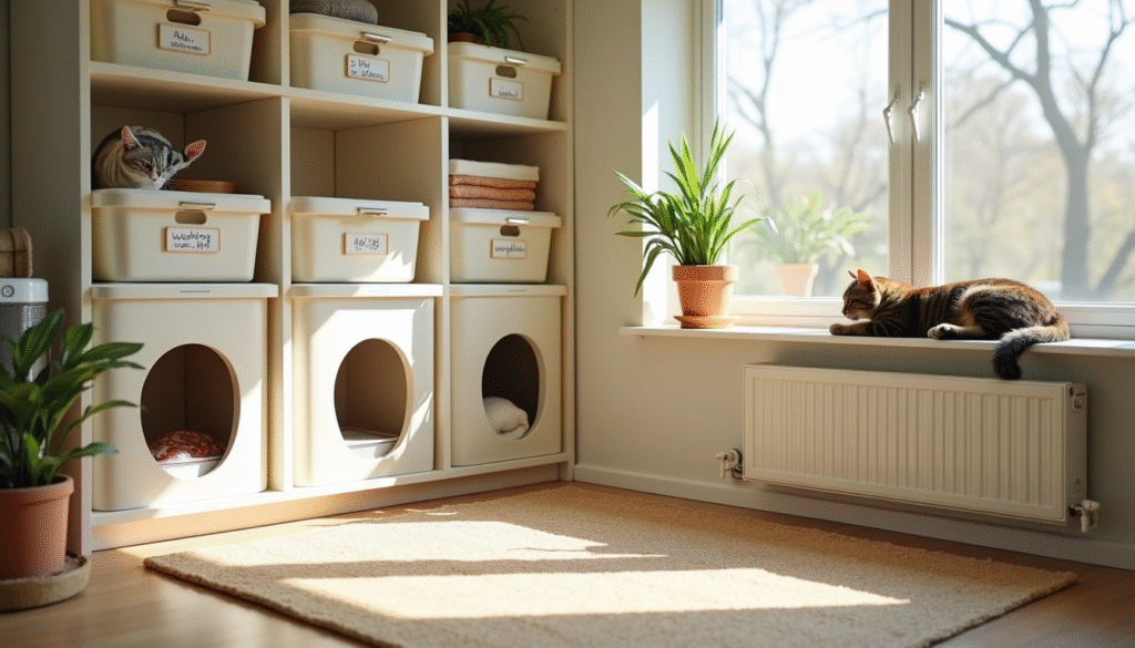 Guide to Cleaning a Cat House – tidy indoor cat area with storage bins, cubbies, and a cat lounging on a sunny windowsill.