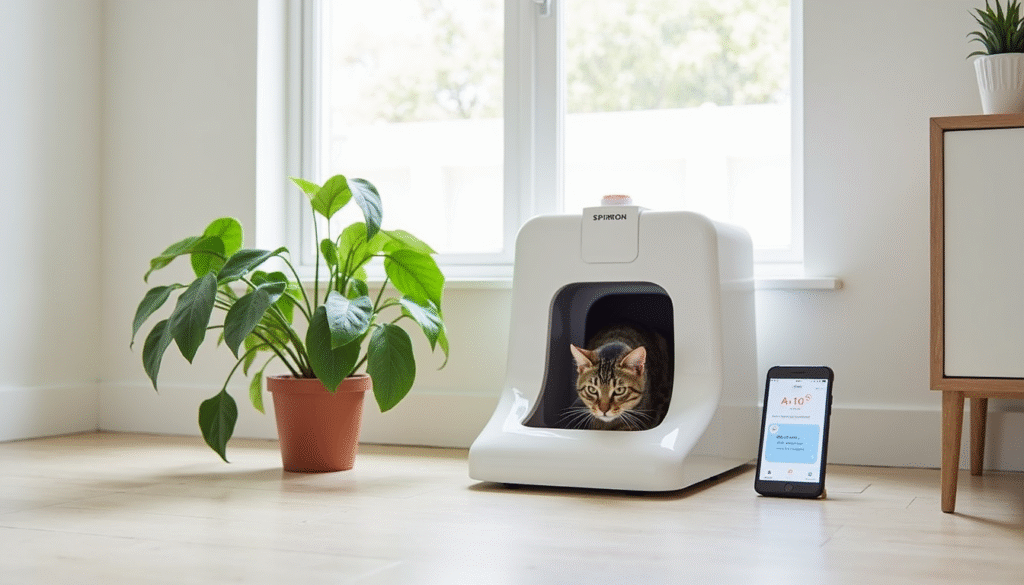 Self-Cleaning Litter Boxes – tabby cat using a smart litter box with mobile app tracking in a bright, minimal space.