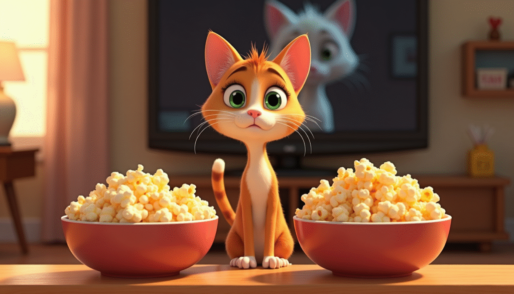 Air-Popped vs Microwave Popcorn — orange cartoon kitten sitting between two bowls of popcorn, unsure which is safer to eat.