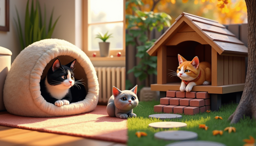 Split view of Indoor vs Outdoor Cat Houses with three cats choosing their preferred space