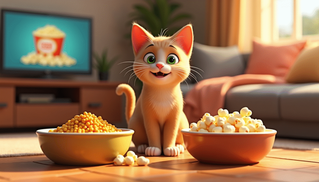 Corn in Cat Food Happy orange kitten between bowls of corn and popcorn in a cosy living room setting