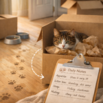 Cat sitting inside a moving box in a new home, illustrating how moving can affect a cat’s behavior and well-being