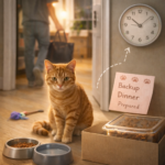Cat sitting near food bowls while owner leaves for work, showing how to maintain a cat feeding routine during schedule changes