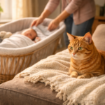 Calm cat resting near a baby bassinet while a parent adjusts a blanket, showing how cats adjust when a new baby arrives