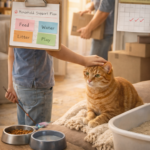 Cat sitting calmly beside food bowls and litter box while a household care plan checklist shows daily feeding, water, litter, and play tasks