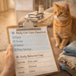 Cat sitting beside a daily cat care checklist showing feeding, water, litter, and play tasks to help manage cat care during busy life changes