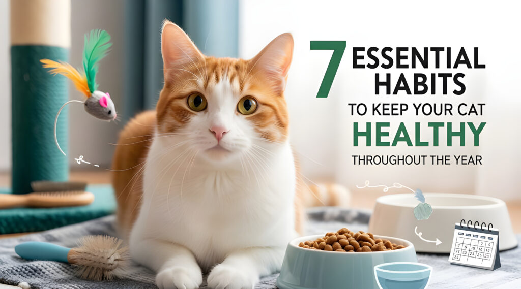 Orange and white cat with food bowl, toys, and grooming brush illustrating 7 essential habits to keep your cat healthy throughout the year