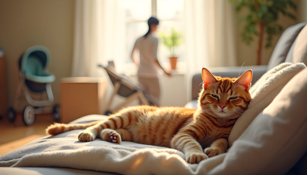 Helping your cat to stay calm during household changes as a relaxed orange cat rests on a sofa while a family prepares in the background