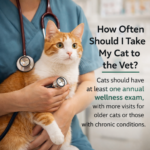 Veterinarian examining an orange and white cat with a stethoscope during a routine annual wellness exam