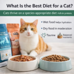 Orange and white cat sitting behind wet and dry food bowls illustrating the best diet for a cat with high-protein balanced nutrition