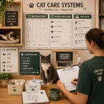 Open a Successful Cat Cafe structured care system with routines, staff roles, and health tracking board