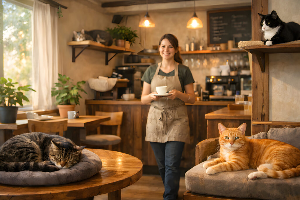 Open a Successful Cat Cafe interior with relaxed cats lounging in a warm, welcoming café environment
