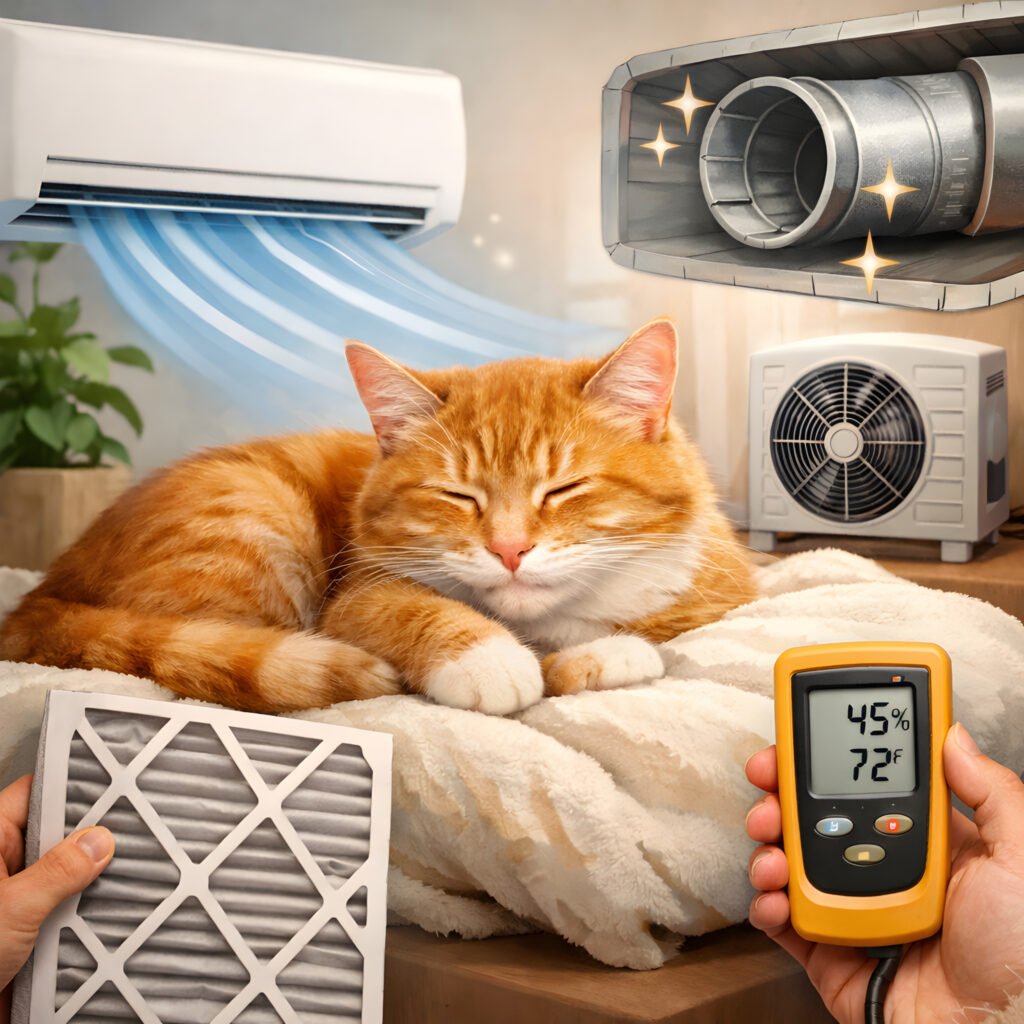 Connection Between HVAC Maintenance and your cat's comfort illustrated by a relaxed cat resting beside clean HVAC equipment, an air filter, and a humidity monitor in a healthy indoor environment.