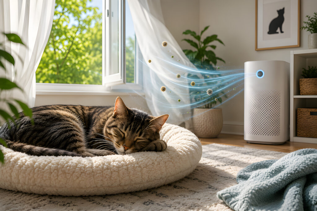 Sleeping tabby cat resting in a bright, well-ventilated room with fresh air flowing through an open window and an air purifier helping maintain clean indoor air.