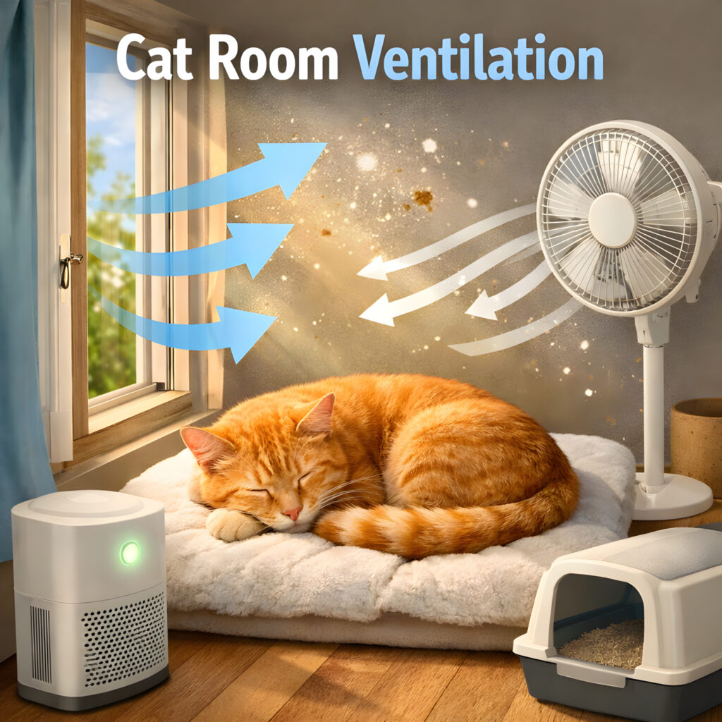 Fresh Air Circulation in a cat's sleeping room illustrated by an open window, fan, air purifier, and a relaxed cat resting in a clean, well-ventilated environment.