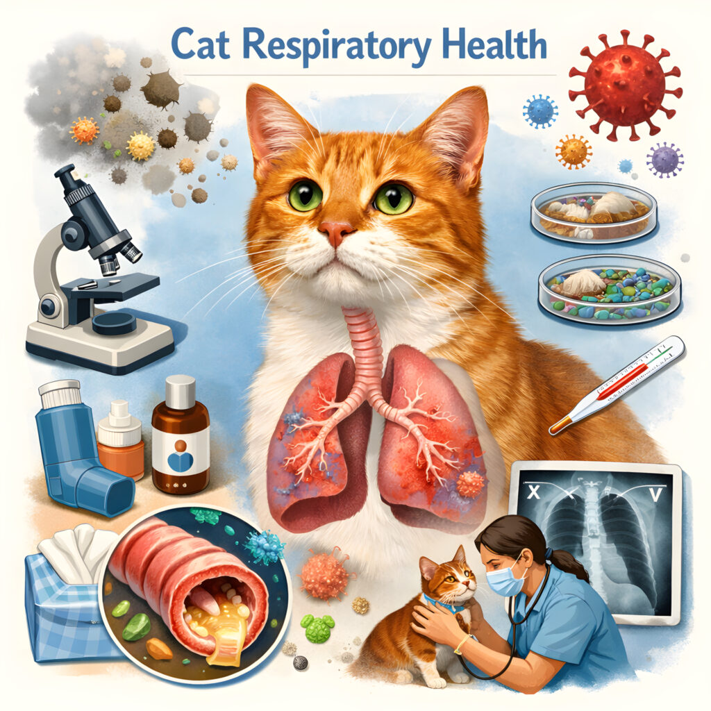 HVAC Systems Influence Your Cat by affecting respiratory health, indoor air quality, allergens, and overall wellbeing, illustrated with feline lungs, veterinary care, and common respiratory health factors.